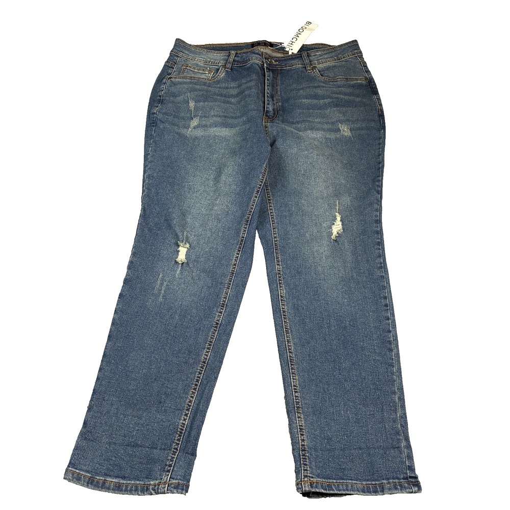 NWT Bloomchic Women's Plus Size Denim Jeans 18 High Rise Distressed Roll Hem Zip